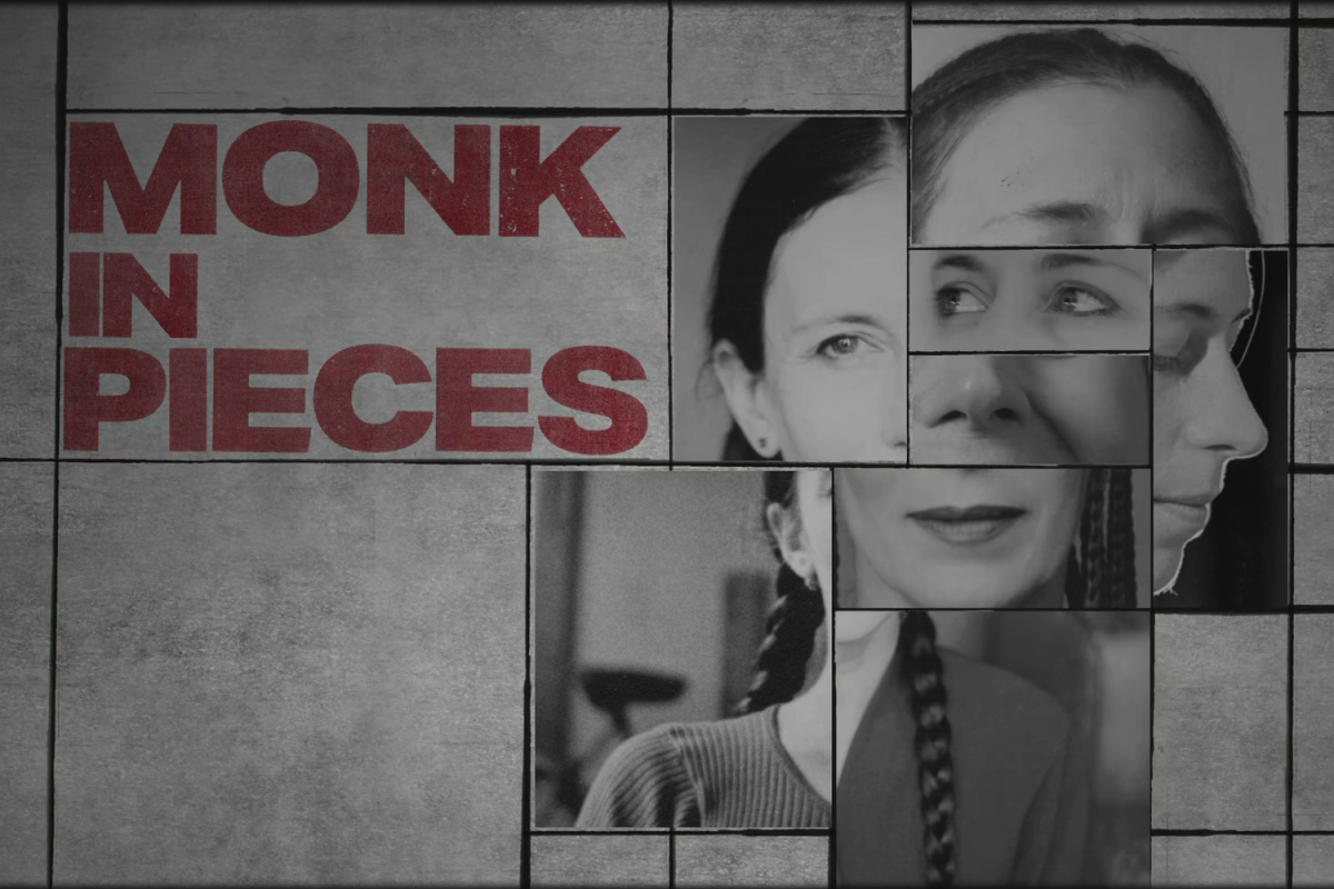 A cubist collage of Meredith Monk portraits next to the film title: Monk in Pieces