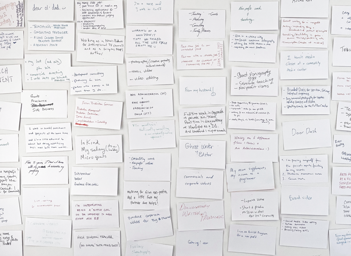Photograph of a wall of index cards.