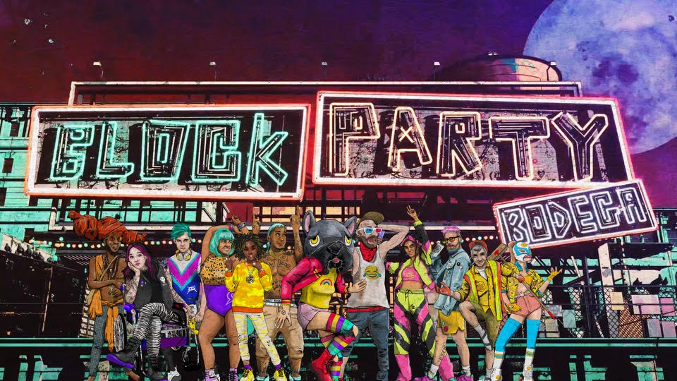 A graphic with a neon sign reading "Block Party Bodega", and several characters standing in front of it with surreal, funky costumes. 