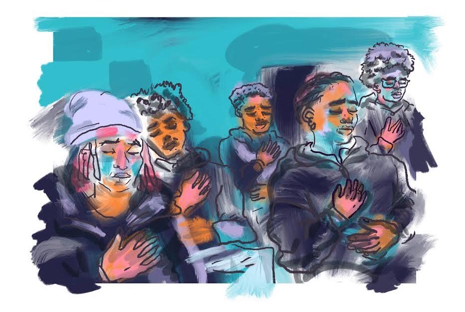 Illustrated image featuring a group of five young men, all with their eyes closed and hands placed over their hearts. The background is a mix of teal and turquoise shades, and the people depicted have different skin tones and hairstyles.