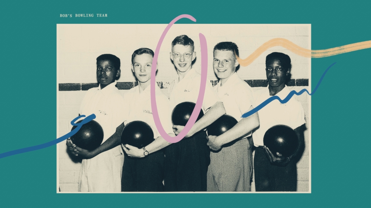 Photograph of five young men holding bowling balls.