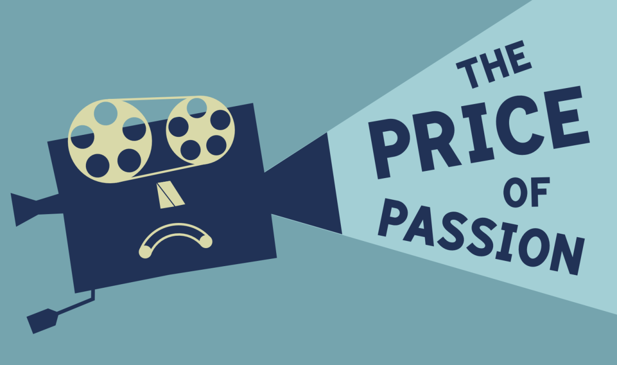 An illustrated film projector with a frowning face throwing the words "The Price of Passion"