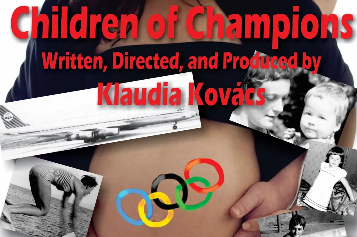 Collage of black and white photos around a color photo of a pregnant woman. The olympic rings are painted on her stomach. 