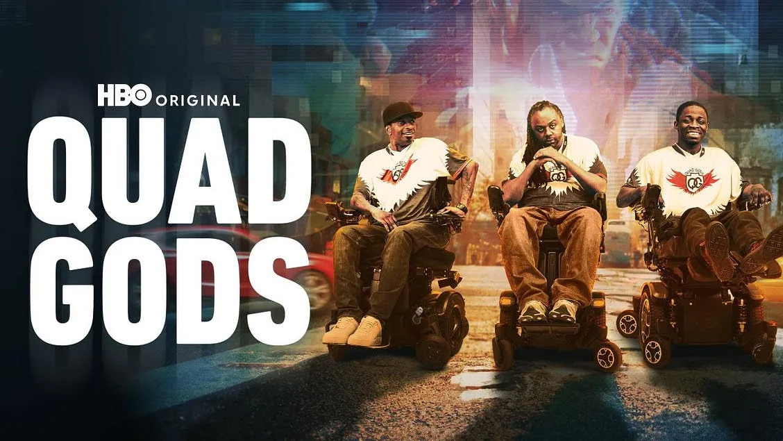 HBO Original Quad Gods Graphic with three people wearing white graphic t-shirts sitting in wheelchairs