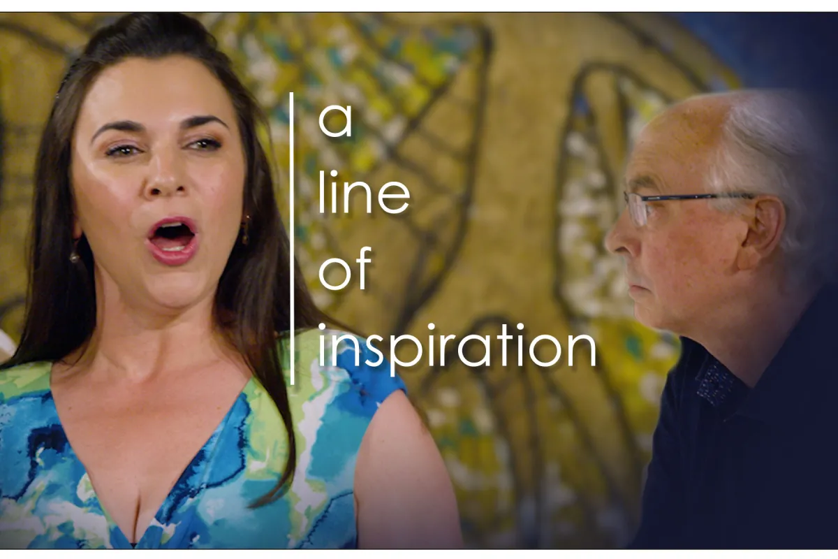 The film title "A Line of Inspiration" is aligned vertically between the face of a female singer and a male pianist.