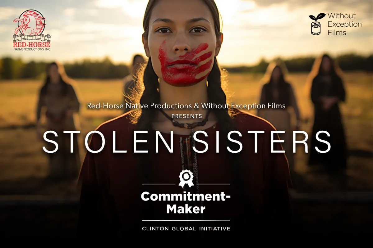 A Native American woman with a red handprint over her mouth. There is a field and four other figures in the background. Stolen Sisters is written in white letters across the image