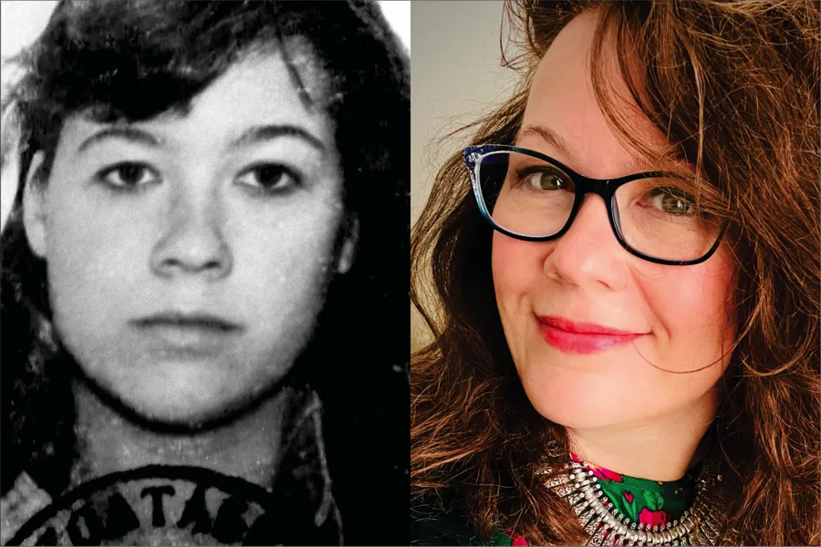 A black and white portrait of a young woman with long dark hair, next to a color portrait of the same woman