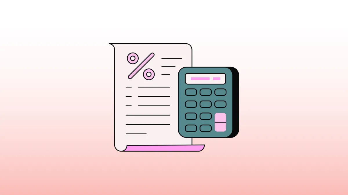 A pink and teal graphic image of a calculator and a piece of paper with a % sign.