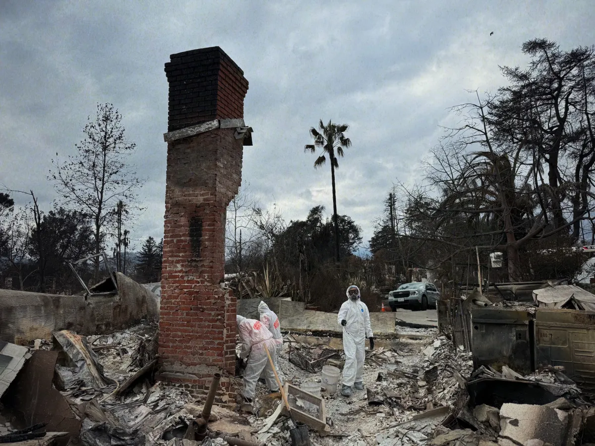 Jimmy Goldblum wearing a hazmat suit in the rubble of his Altadena home after the Easton Fires. 