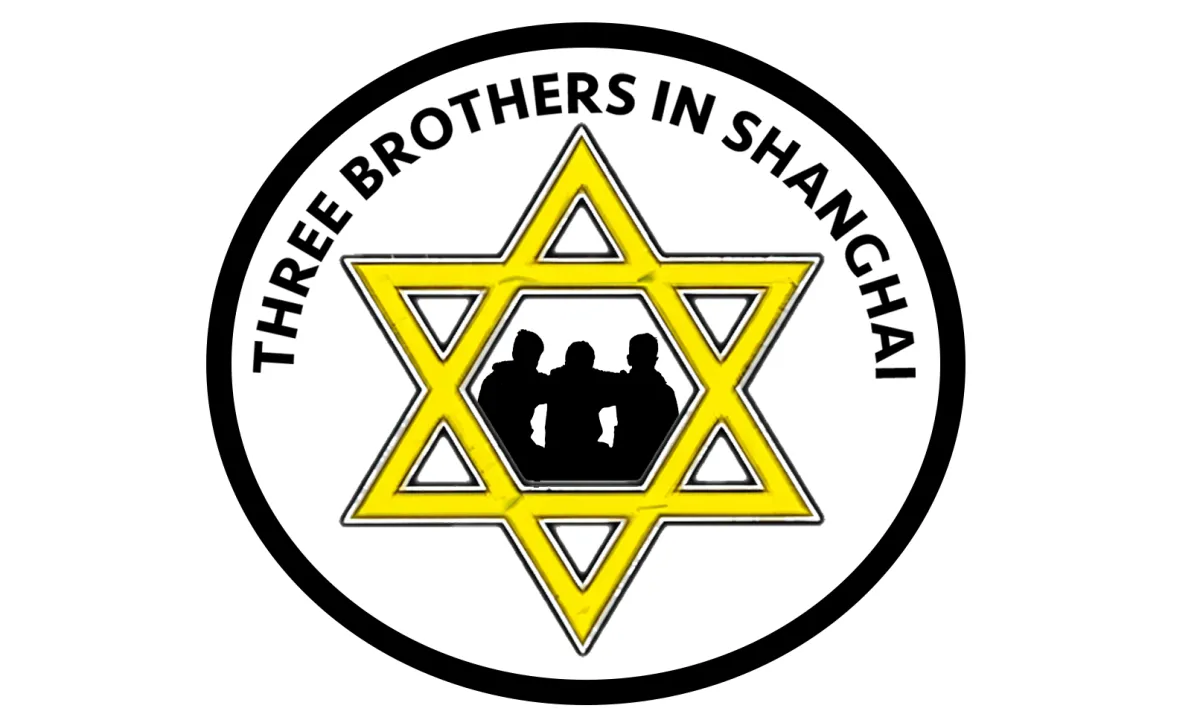 Outline of three brothers sitting inside a yellow Jewish star surrounded by a circle.