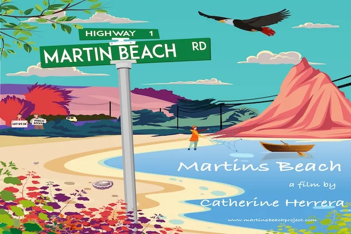 Illustrated image of a beach with mountains in the background and birds flying in the sky. A road sign in the foreground reads Martins Beach