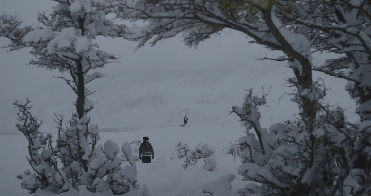 A silhouette of a solitary figure on horseback rides through a snowy Patagonian landscape in Chile.  Snow covered shrubbery in the foreground with jagged mountains in the background.  The plains in bewteween where the man on horseback is covered in fog.