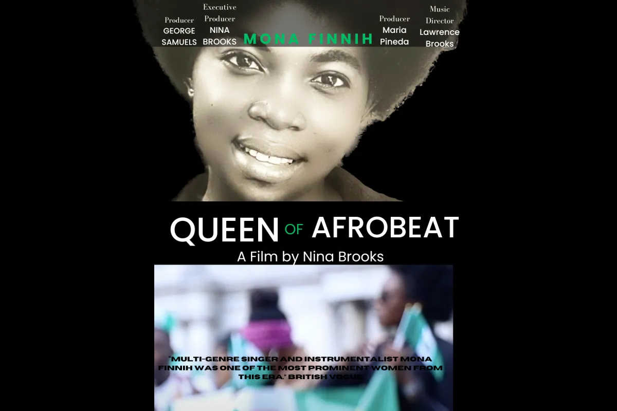 Film poster with a black-and-white image of a woman on top and a blurred image on the botton. 