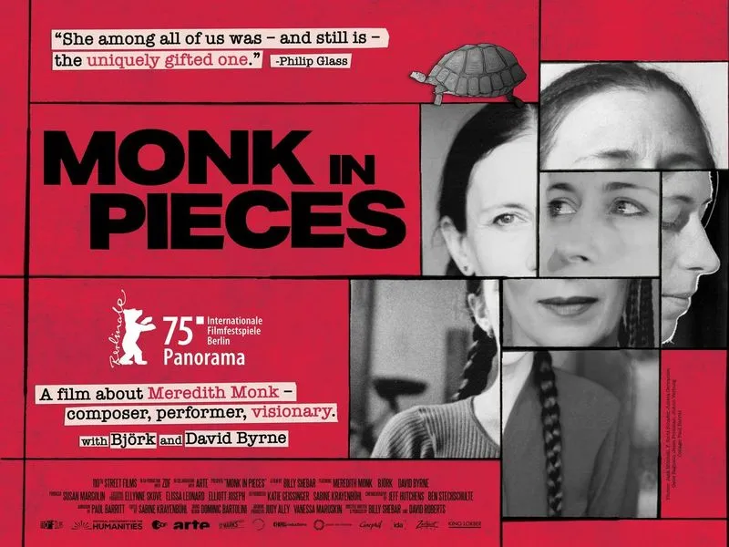 Horizontal film poster. Red background. A collage of parts of the same woman's face