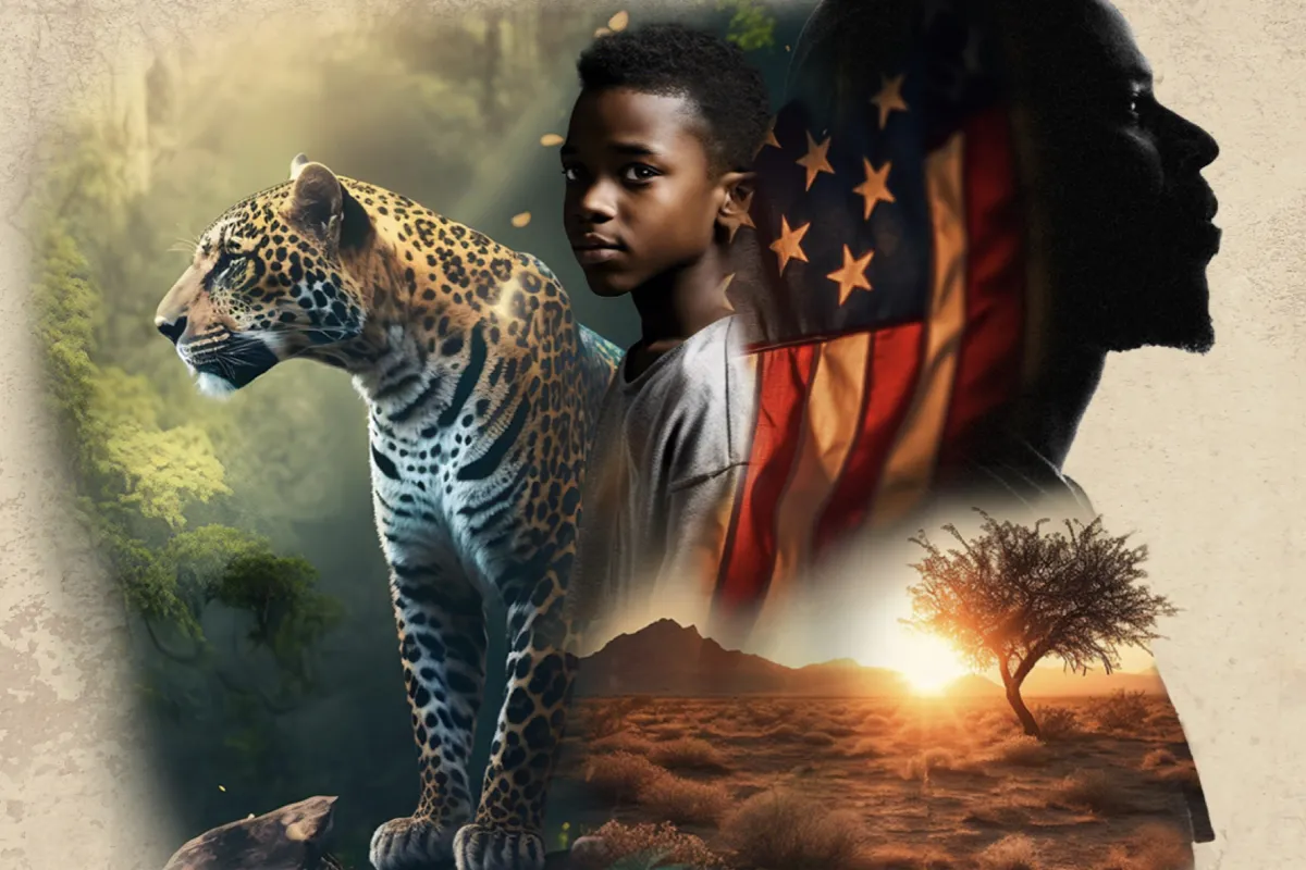 An adult and Yves and a younger version of Yves stand in front of an American flag and safari landscape.