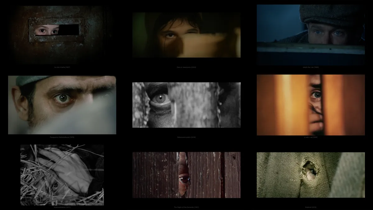 3x3 split screen of nine images of eyes peaking through a small opening.