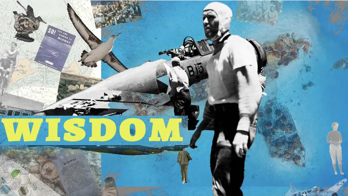 The image features Wisdom, the famed Albatross, considered the oldest seabird of her kind in the world. Also featured are visuals depicting various historical events that occurred on and around Midway Atoll and visuals from the groundbreaking bird banding study.