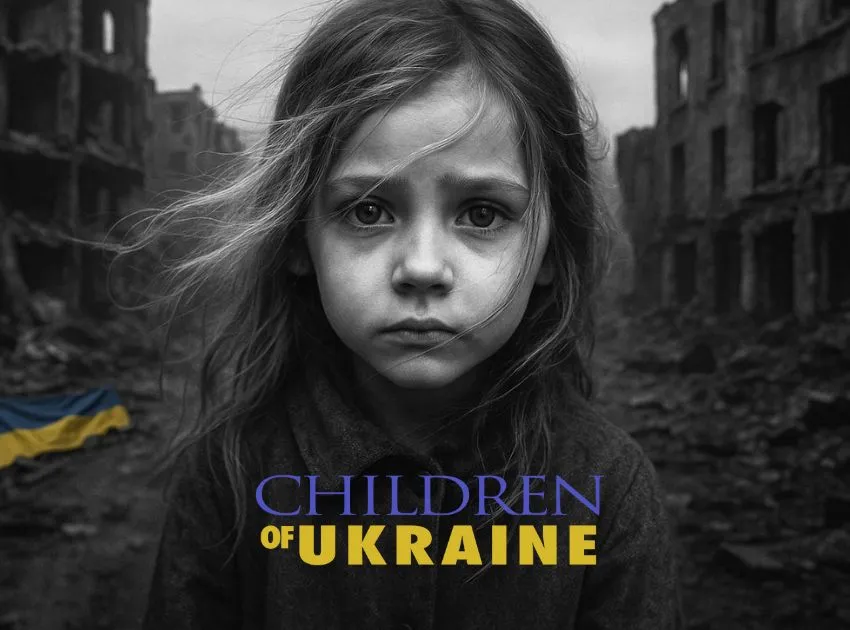 Poster of the humanitarian documentary Children of Ukraine, a girl with a sad face surrounded by the ruins of war. 