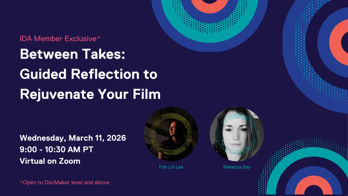 Dark blue flyer for Between Takes: Guided Reflection to Rejuvenate Your Film. Wednseday, March 11, 2026