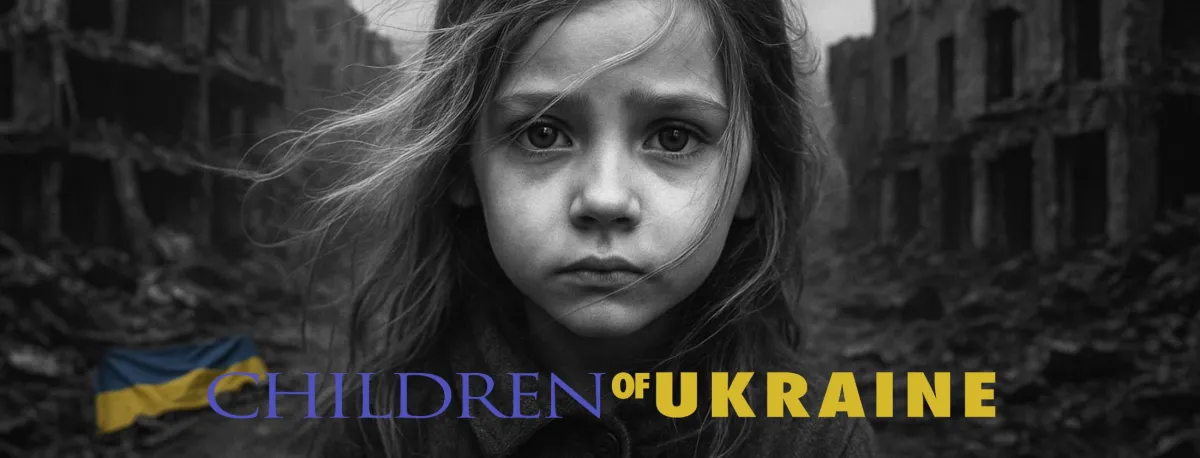 A wide, panoramic film poster featuring a young person's face in a close-up, central position. The person has light-colored hair that appears windblown and a serious, direct gaze. The background consists of desaturated, out-of-focus ruins of buildings, suggesting a scene of significant destruction.  Across the bottom of the image, the title "CHILDREN OF UKRAINE" is displayed in large, bold capital letters. The words "CHILDREN OF" are in dark blue, and the word "UKRAINE" is in a bright yellow. To the far lef