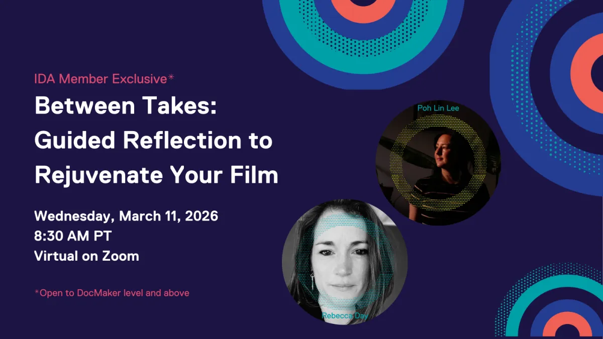 Dark blue flyer for Between Takes: Guided Reflection to Rejuvenate Your Film. Wednesday, March 11, 2026