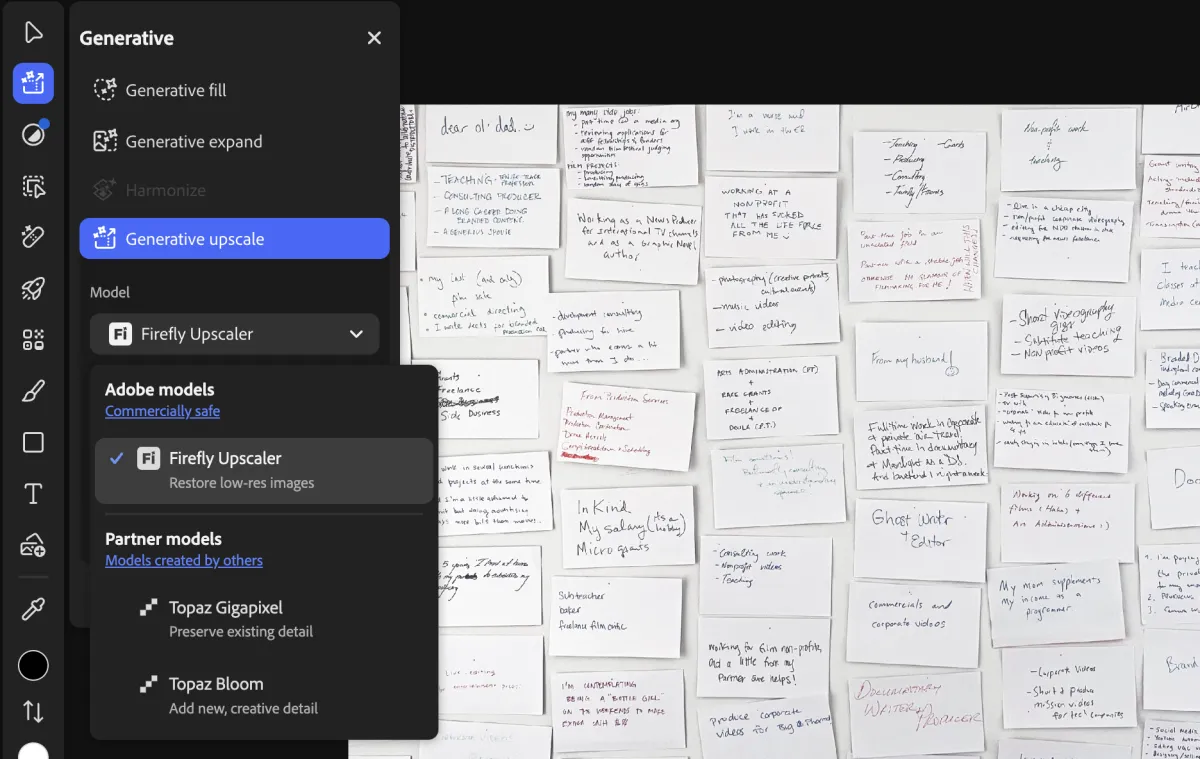Screenshot of a desktop menu for an Adobe AI product with headings that include "Generative Fill," "Generative Expand," and "Firefly Upscaler"