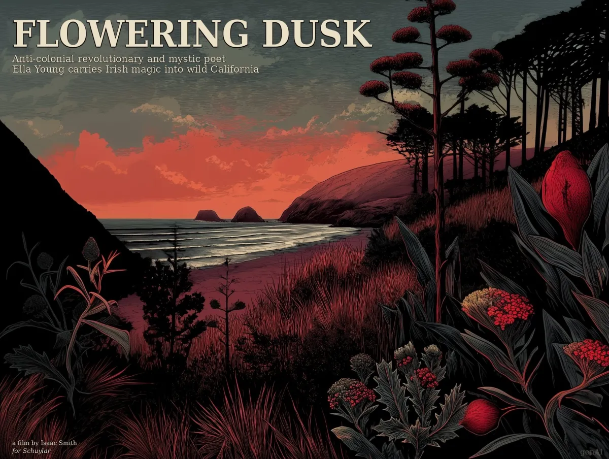 A blue and red toned painted wood cut of a California coastline and the text saying flowering dusk, anti-colonial revolutionary and Mystic poet Ella Young carries Irish Magic into wild California
