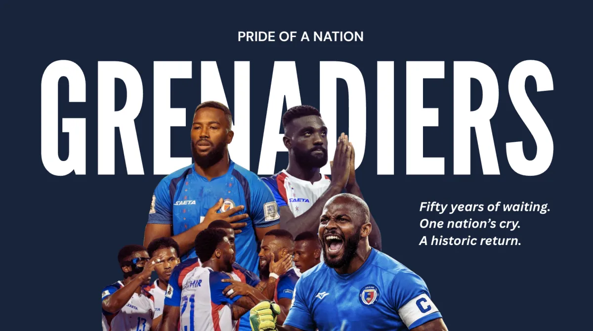 Members of the Haitian National Football team in front of the film title Les Grenadiers.