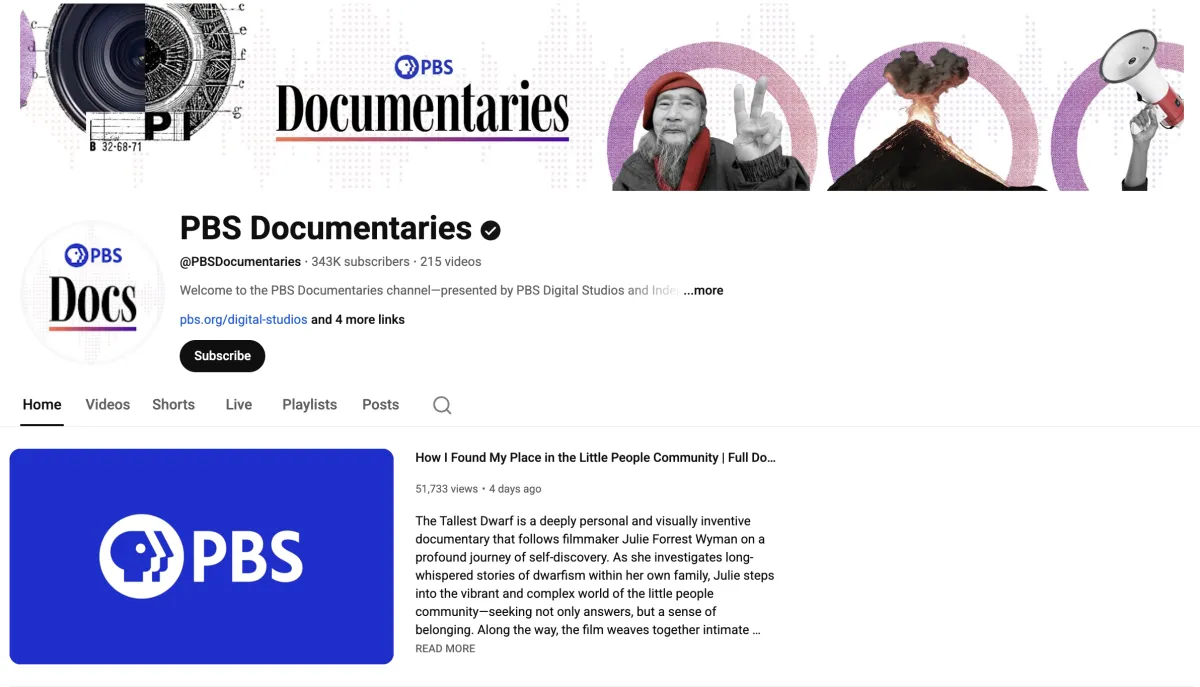 Screenshot of the PBS Documentaries channel landing page.
