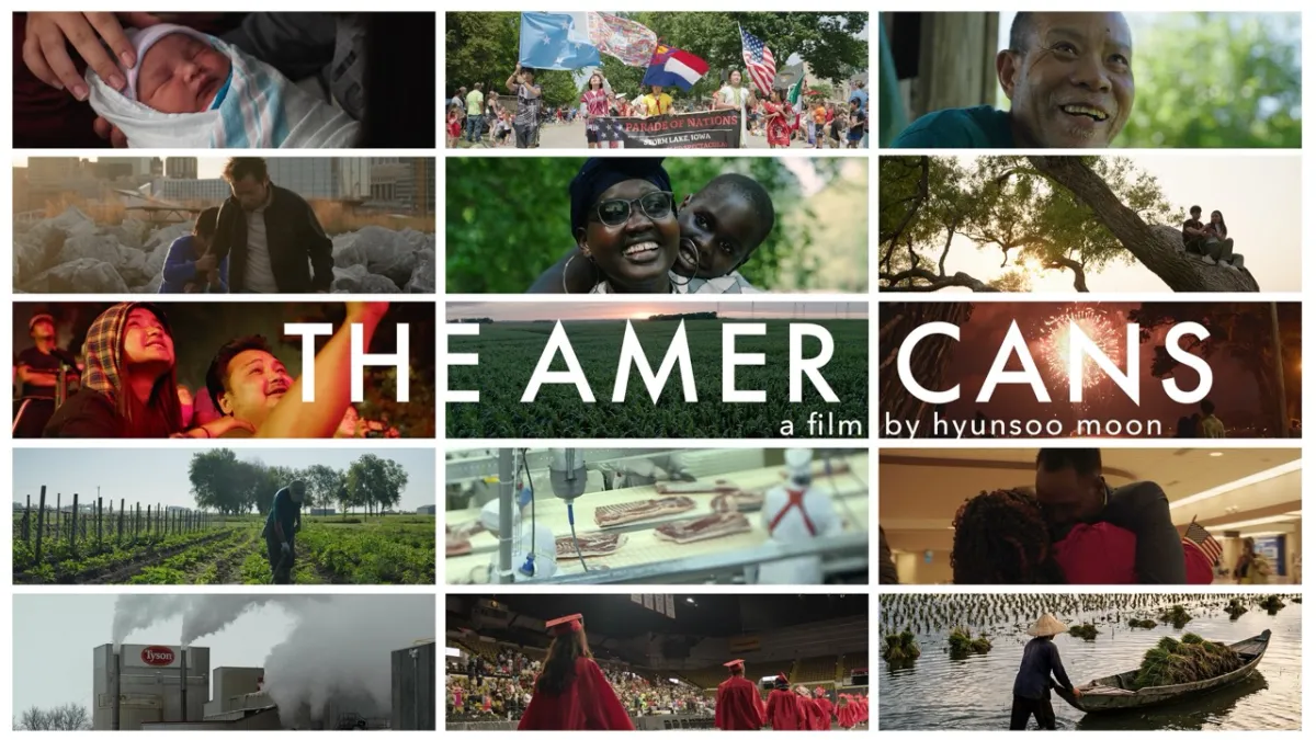 Landscape movie poster for the film "THE AMERICANS" by Hyunsoo Moon.  The poster features a 3x5 grid of fifteen cinematic photographs that create a mosaic of American life. The images capture a wide range of human experiences, including:  Milestones: A newborn baby and a graduation ceremony.  Labor: Worker at a farm, a meat-processing plant, and a Tyson factory.  Community: A "Parade of Nations," families embracing, and people watching fireworks.  Landscapes: Sunlit trees, rocky shorelines, and flooded fiel