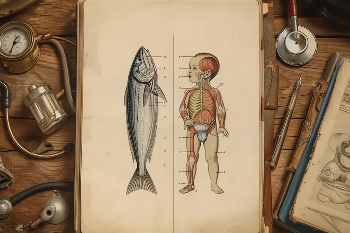Open vintage book showing labeled anatomical drawings of a fish and a human infant side by side, surrounded by old medical tools on a wooden desk.