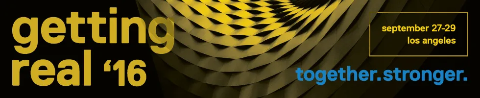 Blue, gold, and black banner for Getting Real '16