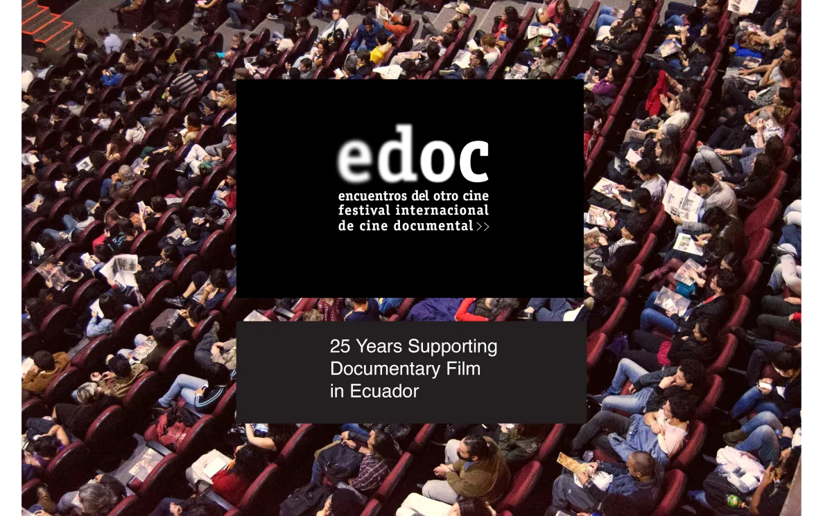 A high-angle view showing sections of occupied seats in a film theater. Overlaid on the image is a black box featuring the EDOC Film Festival logo with the text "Encuentros del Otro Cine Festival Internacional de Cine Documental" and the anniversary phrase "25 Years Supporting Documentary Film in Ecuador".