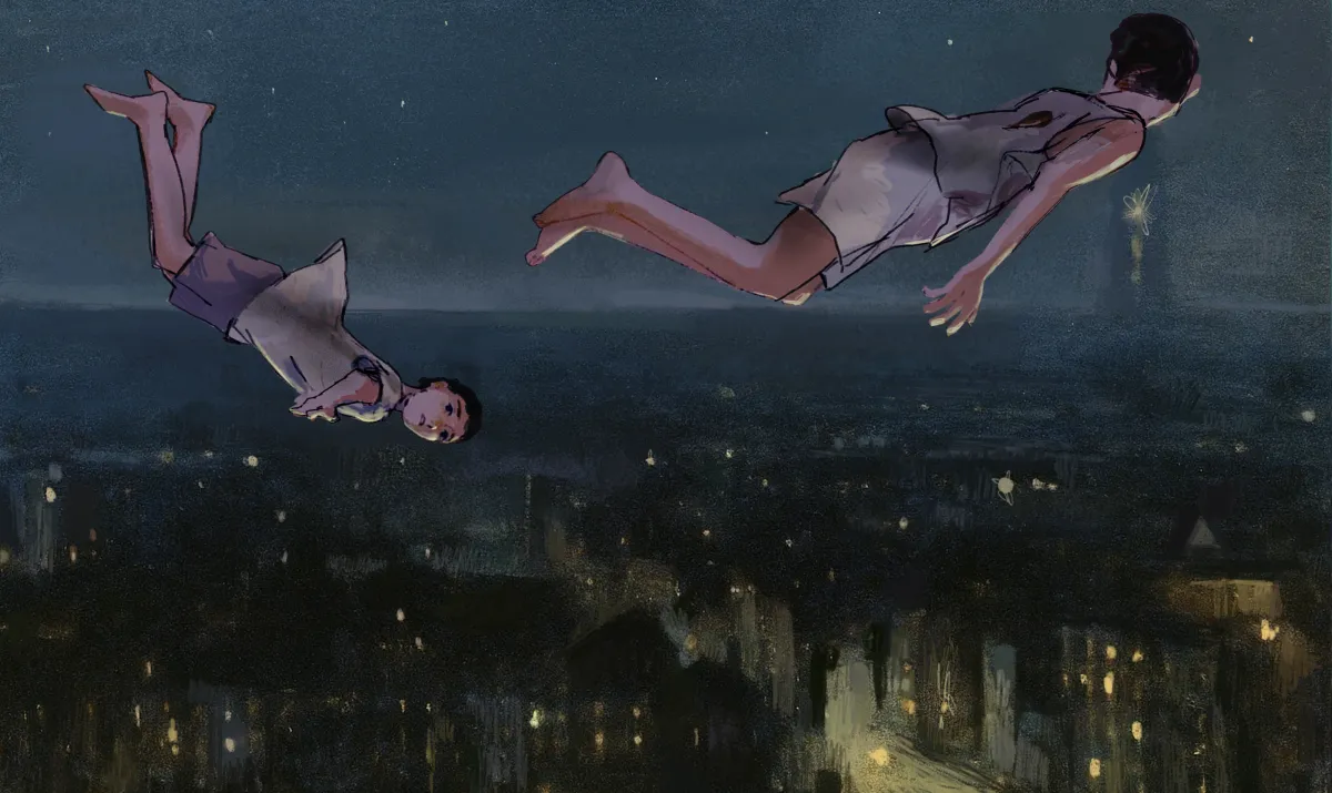 Illustration of two children in white shorts and T-shirts gliding through the night sky