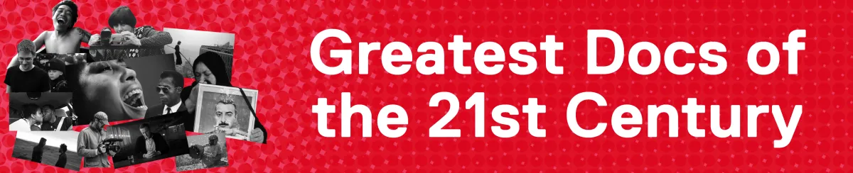 Red banner with white text. Greatest Docs of the 21st Century. Square edges.