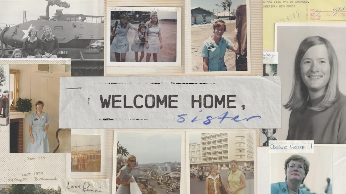 Penni Evans's personal archive of photographs of herself before, during and after the Vietnam War, overlaid by the film's title, 'Welcome Home, Sister.'