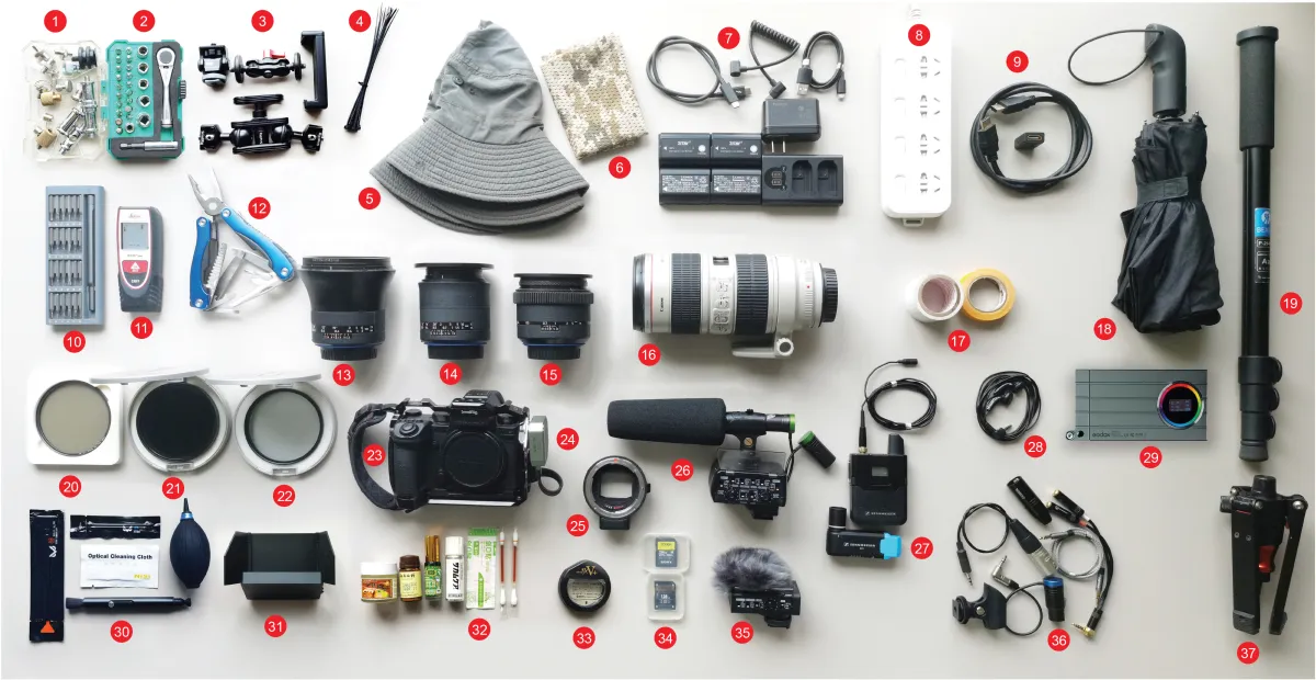 Assorted camera gear is carefully laid out on a white surface and labelled with numbers in small red circles