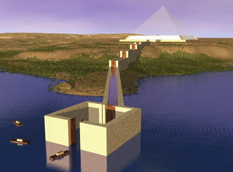 Causeway lock system connecting Nile River to Great Pyramid.