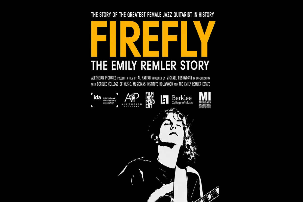 Firefly post - Emily Remler playing guitar with title of movie in yellow above her image. 