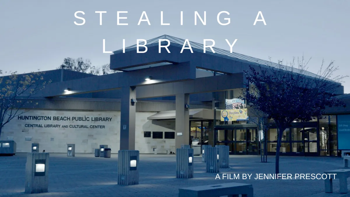 the exterior front entrance of the HBPL with the title STEALING A LIBRARY