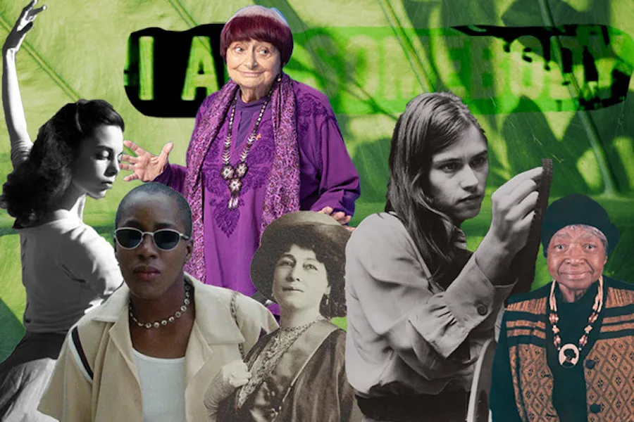 A collage of Shirley Clarke, Agnès Varda, Cheryl Dunye, Alice Guy-Blaché, Barbara Kopple and Madeline Anderson against a background of a close up leaf, with the words "I Am Somebody" faded into the background.