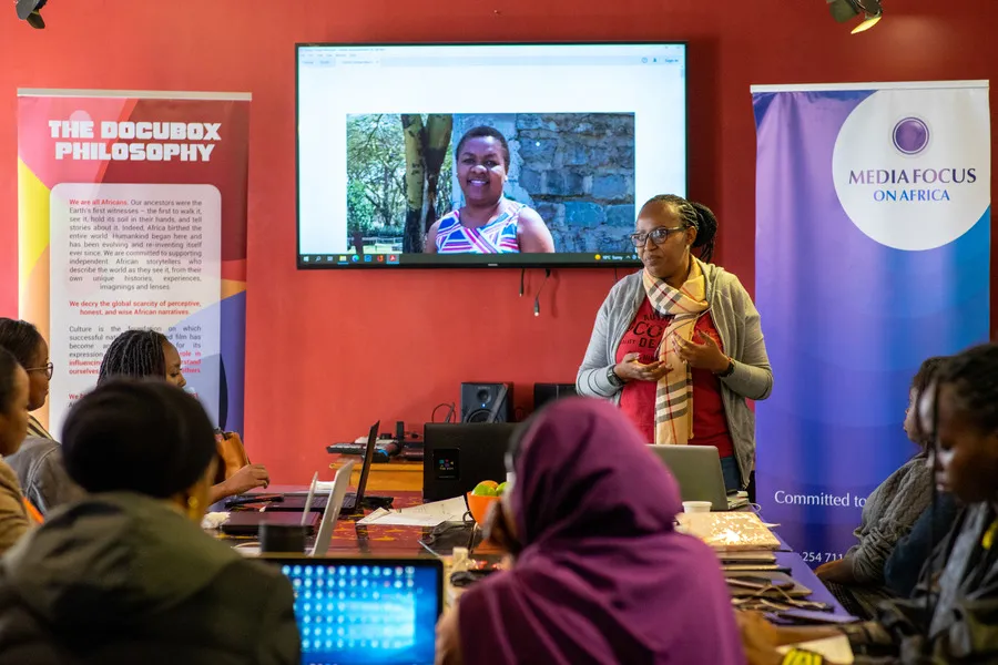 Participants at Filamu Za Kina Dada Uongozini, a film training & production workshop program for female filmmakers courtesy of Media Focus on Africa (MFA) in partnership with Docubox. Photo courtesy of Docubox.