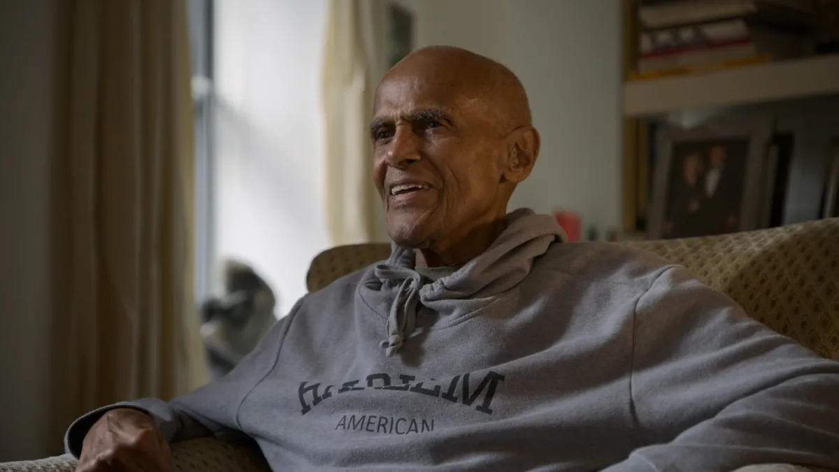 Harry Belafonte is a Black man, bald, smiling, wearing a grey hoodie and sitting on a chair, in front of a bookshelf. From Elvis Mitchell’s ‘Is That Black Enough For You?!?’ Courtesy of netflix
