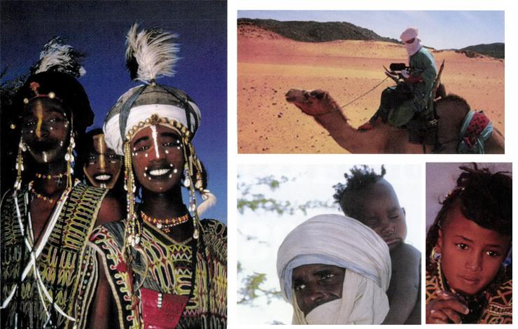 Clockwise from left: Three young Wodaabe men (Mutaara, Neyali and Alto) just before they head off for the 'Yakee'. Photo by Kevin Peer; Kevin soon found that it was extremely difficult to shoot while perched on a narrow Tuareg saddle and an unruly camel. Photo by Leslie Clark. Reflecting beauty and grace and a touch of sadness, this young girl had very recently lost her mother to malaria. Photo by Kevin Peer.  Suralki, like all Wodaabe men and women, are loving and attentive parents. Photo by Kevin Peer