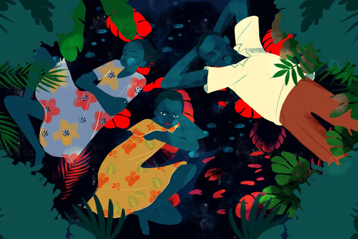 An animated bird's-eye view through a tree of a family. Still from Amy Bench's 'More Than I Remember'. Courtesy of Amy Bench