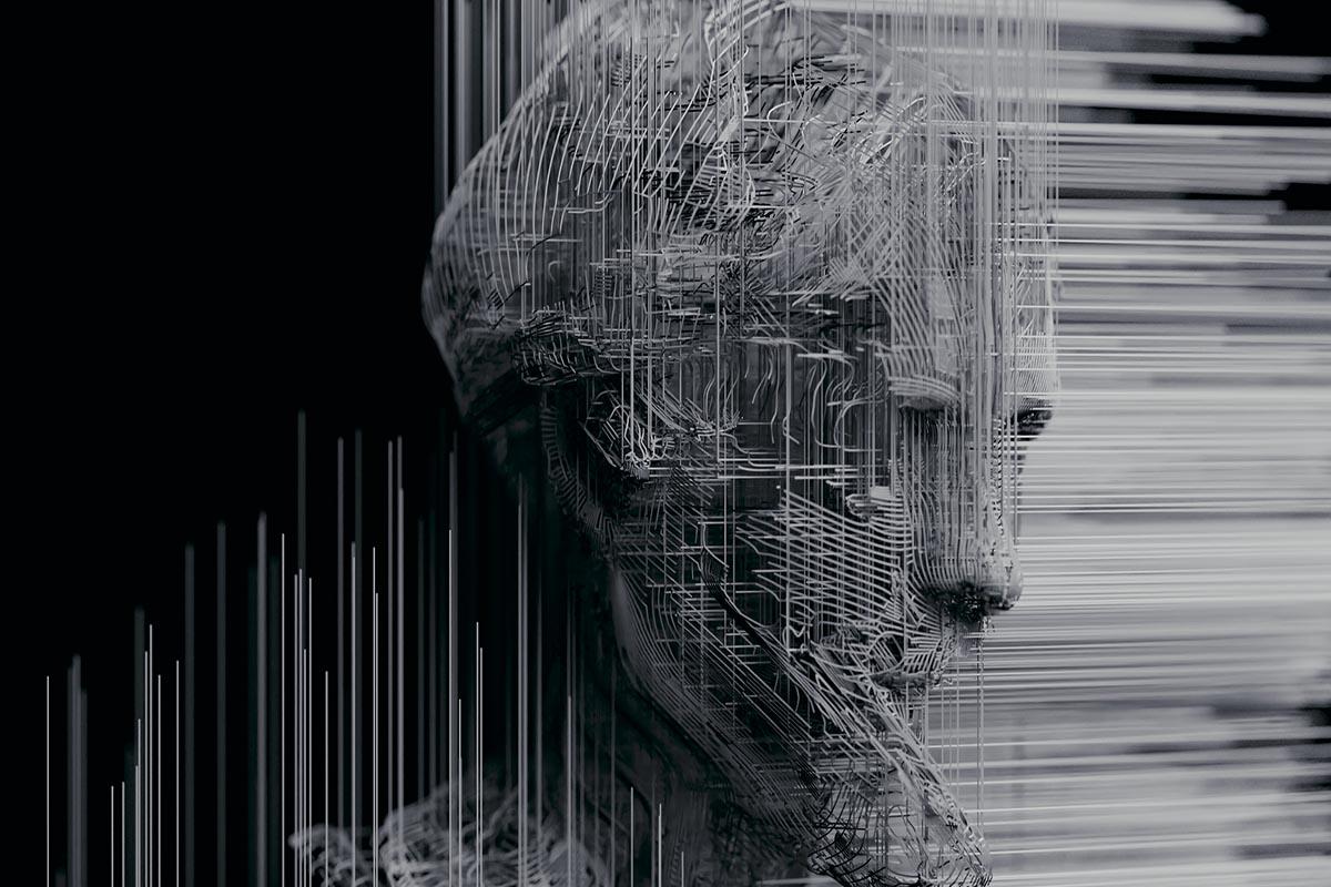 An abstract rendering of an artificial intelligence entity amidst a gray composite of horizontal lines. From Tonje Hessen Schei’s 'iHuman,' produced by UpNorth Film. 