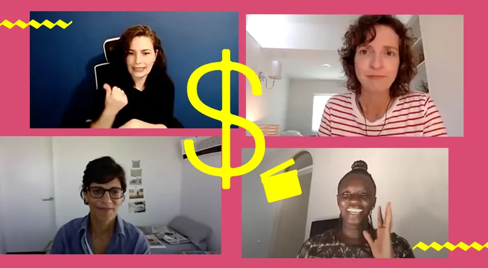 A screenshot of IDA's Grant Writing workshop with Dana Merwin, Zippy Kimundu, Meena Nanji and ASL Interpreter Mara Bassani-Santamaria