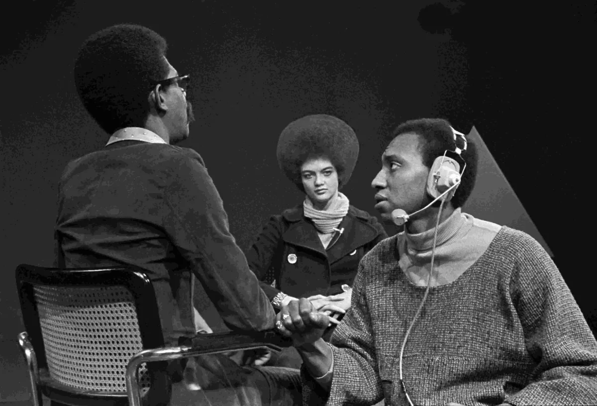 An archival black-and-white photo from the sets of SOUL!, the first nationally broadcast all-Black variety show on public television. From Melissa Haizlip's 'Mr Soul!'. Courtesy of PBS.