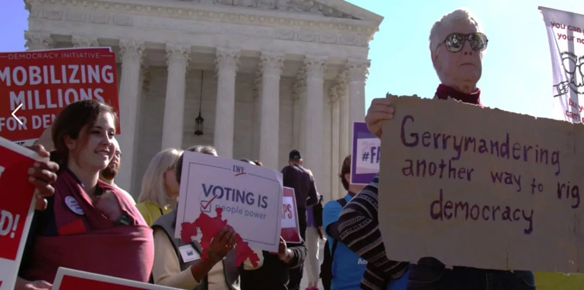 Protestors of gerrymandering gather outside of the Supreme Court, from Chris Durrance and Barak Goodman's ‘Slay the Dragon’. Photo courtesy of Magnolia Pictures.