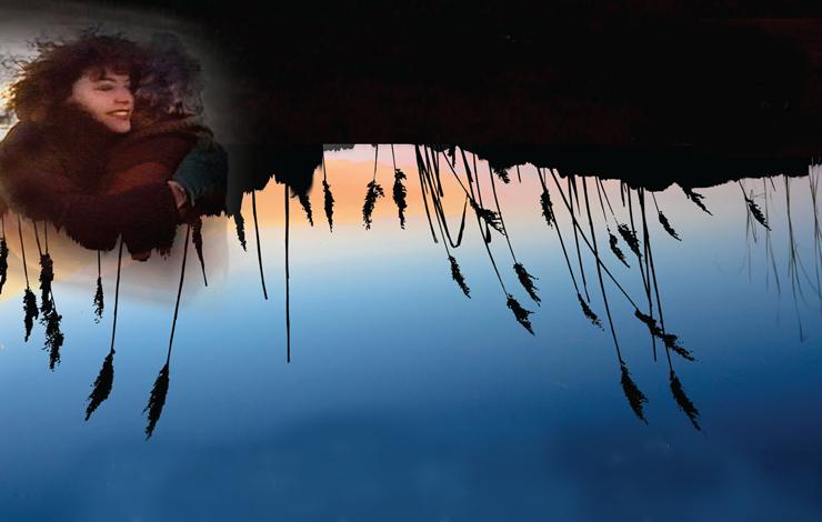 A photo composition of a women and the reflection of a sunset on water, from 'Troublesome Creek: A Midwestern.'